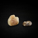 A celadon jade carved 'bird' hat finial and a white and russet jade carved goose, Jin - Ming dynasty 金至明 青玉鳥形帽頂及白玉鵝形墜