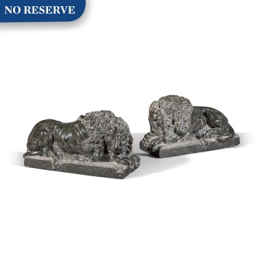 View full screen - View 1 of Lot 40. A pair of Italian carved verde di Prato marble recumbent lions, after Canova, 19th century.