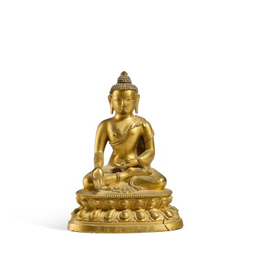 View full screen - View 1 of Lot 141. An inscribed gilt-bronze figure of Buddha, Qing dynasty, 18th century.