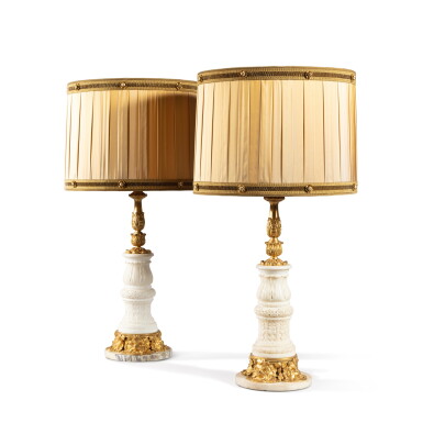 View full screen - View 1 of Lot 728. A pair of white marble and gilt-bronze lamps by Edward F. Caldwell & Co, New York, early 20th century.