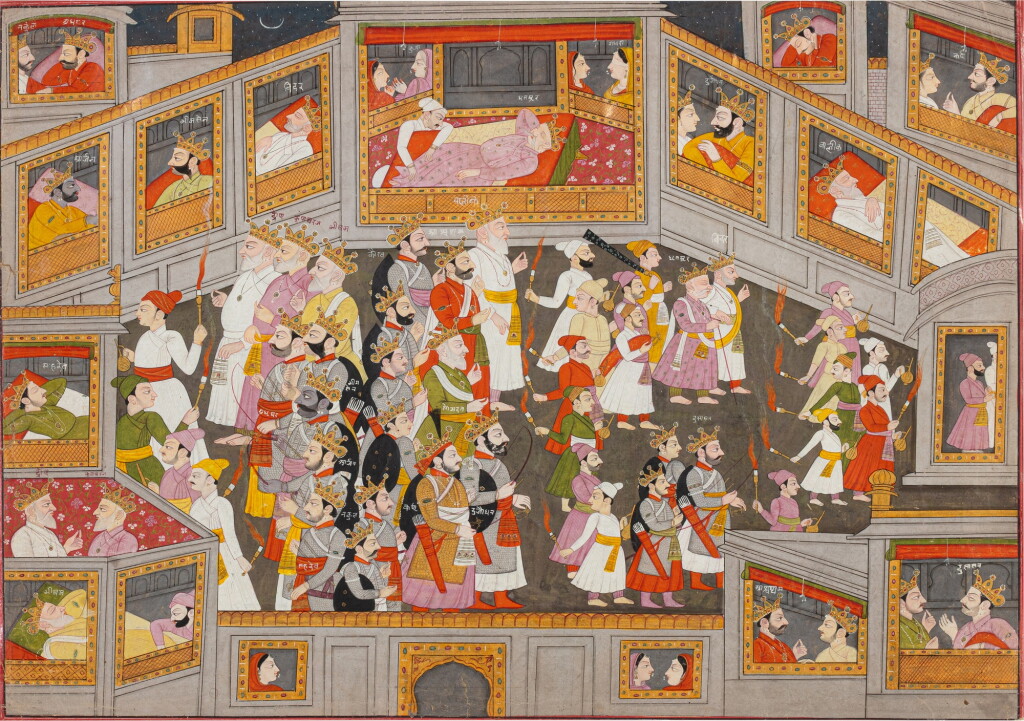 View full screen - View 1 of Lot 103. Scene from the Mahabharata attributable to the artist Purkhu or his family workshop, India, Kangra, 1810 - 1820 .