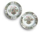 A Pair of Chinese Famille-Verte 'Flower Basket' Dishes, Qing Dynasty, Kangxi Period | 清康熙 五彩盆花圖盤一對