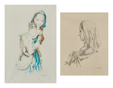 View full screen - View 1 of Lot 531. Léonard Tsuguharu Foujita 藤田嗣治 | Jeune Fille au chat and Profil de madone 抱小貓的女孩及女郎側顏.