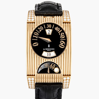 View full screen - View 1 of Lot 317. FGOne | A pink gold and diamond-set dual time zone jumping hour wristwatch with retrograde minute, power reserve and day/night indication | Circa 2008.