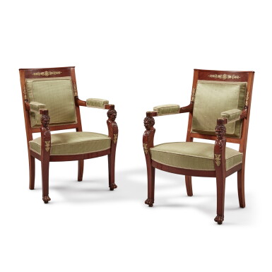 View full screen - View 1 of Lot 576. A Pair of Empire Gilt-Bronze Mounted Mahogany Fauteuils, Circa 1805.