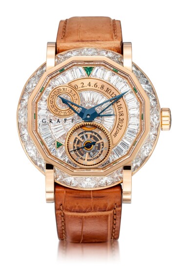 View full screen - View 1 of Lot 1014. 'MasterGraff Tourbillon' Reference MG47PGDD, Limited Edition of a Magnificent Pink Gold, Emerald and Diamond-Set Automatic Wristwatch with Tourbillon, Retrogade Dual Time and Date Indication, 72 Hours Power Reserve | 格拉夫| MasterGraff Tourbillon編號MG47PGDD限量版瑰麗粉紅金,祖母綠及鑽石自動上鏈,兩地時區陀飛輪腕錶備日期顯示,72小時動力儲存,約2010年製.