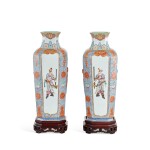 A pair of applique-decorated famille-rose octagonal vases, Qing dynasty, 19th century 清十九世紀 粉彩貼無雙譜人物圖八方瓶一對 《大清乾隆年製》仿款