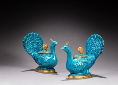View full screen - View 1 of Lot 38. A pair of Louis XVI style gilt-bronze mounted turquoise-glazed 'peacock' pots and covers, Qing dynasty, Kangxi period and 19th century.