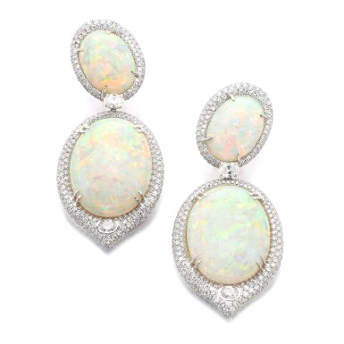 View full screen - View 1 of Lot 1095. Pair of opal and diamond pendent earrings .