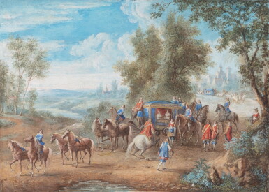View full screen - View 1 of Lot 1160. Two elegantly dressed ladies in a carriage | Deux élégantes dans un carosse .