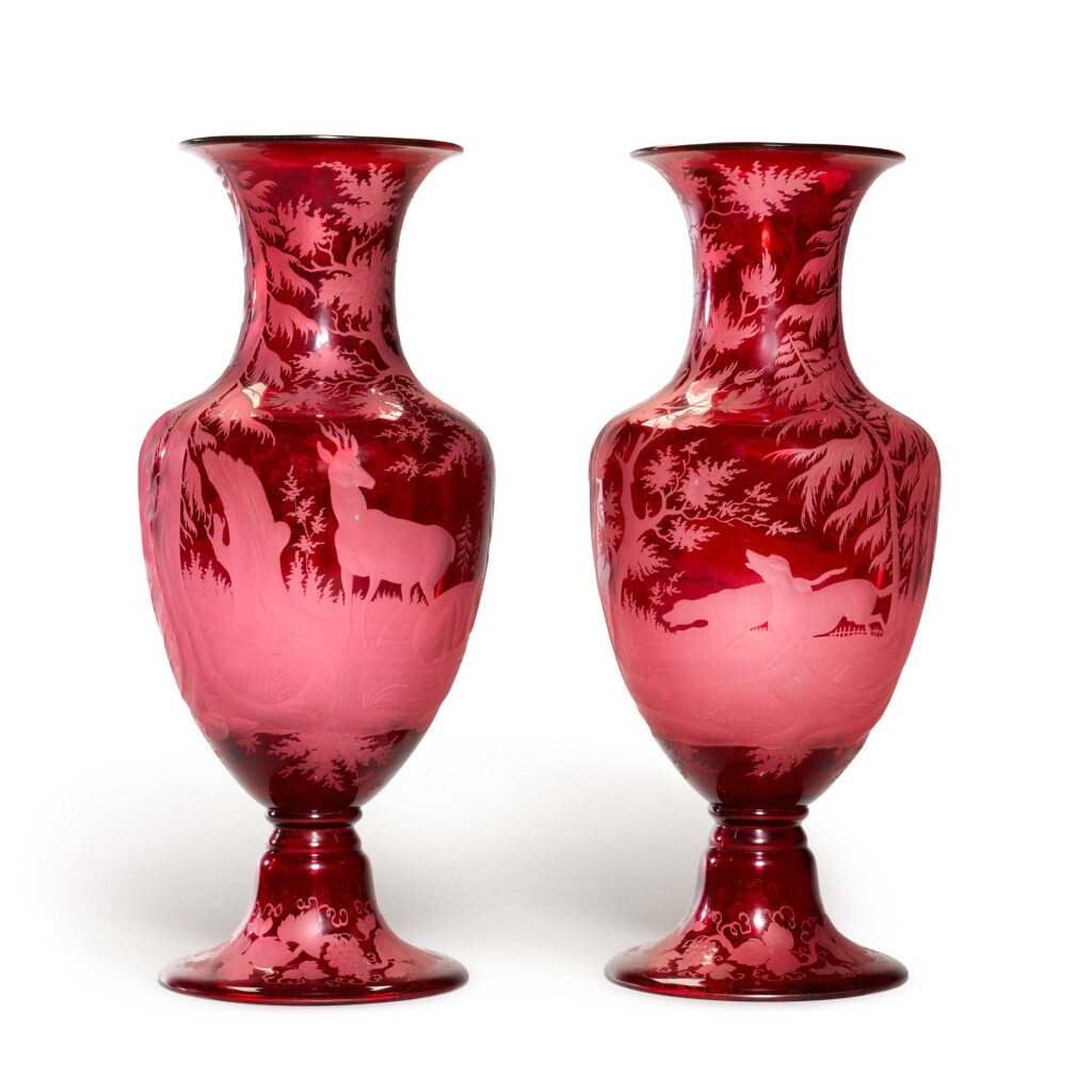 View full screen - View 1 of Lot 133. A pair of Bohemian ruby-stained tinted and engraved ovoid vases, late 19th century.