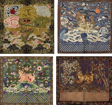 View full screen - View 1 of Lot 296. A GROUP OF SEVEN MILITARY RANK BADGES LATE QING DYNASTY | 晚清 緞繡武官補子一組七件.