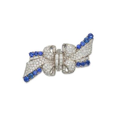 View full screen - View 1 of Lot 118. Diamond and Sapphire Double-Clip Brooch.