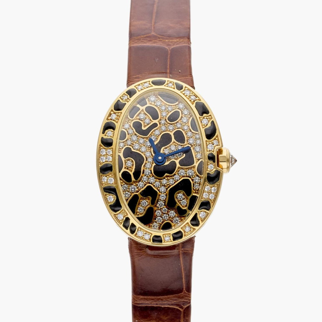 View full screen - View 1 of Lot 458. Reference 3864 Mini Baignoire 'Panther Spots' | A yellow gold, enamel, and diamond-set wristwatch, Circa 2005.
