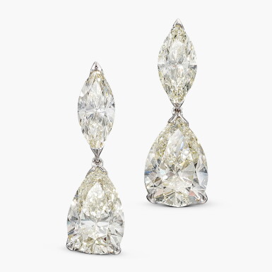 View full screen - View 1 of Lot 1784. Pair of Diamond Earrings | 4.02 及 3.01克拉 梨形 M 及 L色 鑽石 配 1.09 及 1.08克拉 欖尖形 M色 鑽石 耳墜一對.