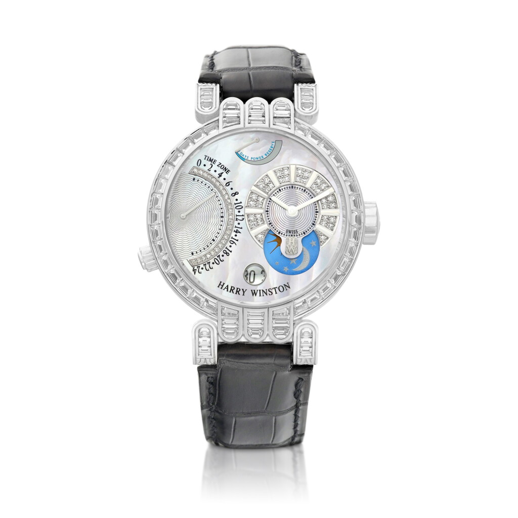 View full screen - View 1 of Lot 2250. Premier Excenter Timezone 200, Reference 200-MMTZ39W | A limited edition white gold and diamond-set retrograde dual time zone wristwatch with date, power reserve, day and night indication and mother-of-pearl dial, Circa 2015 | 海瑞溫斯頓 | Premier Excenter Timezone 200 型號200-MMTZ39W | 限量版白金鑲鑽石逆跳兩地時間腕錶,備日期、動力儲備、晝夜顯示及珠母貝錶盤,約2015年製.