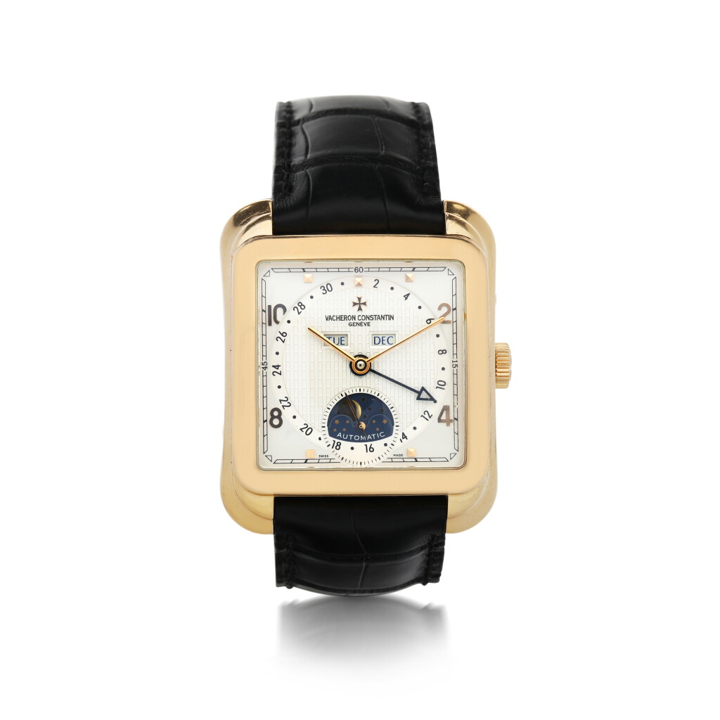 View full screen - View 1 of Lot 143. VACHERON CONSTANTIN | REFERENCE 47300 A LIMITED EDITION PINK GOLD SQUARE-SHAPED TRIPLE CALENDAR WRISTWATCH WITH MOON PHASES, MADE TO COMMEMORATE THE 60TH ANNIVERSARY OF ISRAEL, CIRCA 2008.