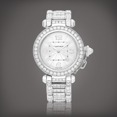 View full screen - View 1 of Lot 2184. Pasha, Reference 2398 | A white gold and diamond-set wristwatch with date and bracelet, Circa 2000 | 卡地亞 | PASHA 型號2398 | 白金鑲鑽石鏈帶腕錶,備日期顯示,約2000年製.