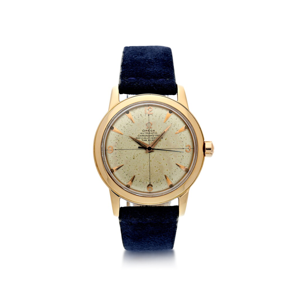 View full screen - View 1 of Lot 139. OMEGA | A YELLOW GOLD AUTOMATIC WRISTWATCH, CIRCA 1947.