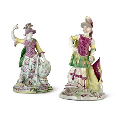 View full screen - View 1 of Lot 572. AN ASSEMBLED PAIR OF DERBY LARGE FIGURES OF MARS AND MINERVA, CIRCA 1758-60.