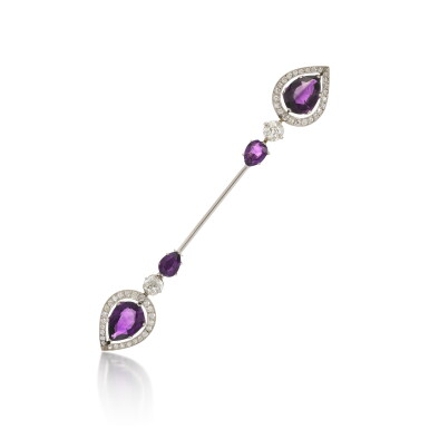 View full screen - View 1 of Lot 226. An amethyst and diamond jabot brooch, 1920s.