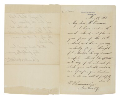 View full screen - View 1 of Lot 25. CHESTER A. ARTHUR | A warm letter from the 21st President, thanking W.B. Dinsmore for this attentions.