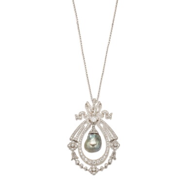 View full screen - View 1 of Lot 1873. Belle Époque Natural Pearl and Diamond Pendant Necklace | 美好年代 天然珍珠 配 鑽石 吊墜項鏈.