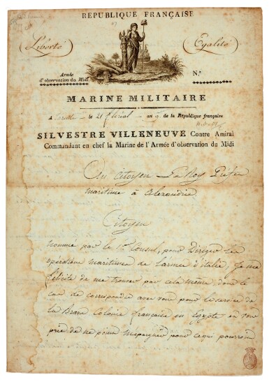 View full screen - View 1 of Lot 90. NAPOLEONIC WARS--NAVAL | three letters signed by Naval Commanders during the Napoleonic Wars, 1801-1822.