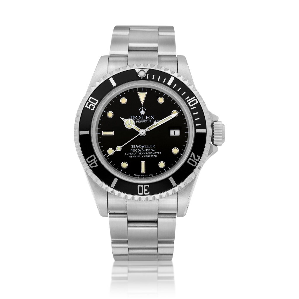 View full screen - View 1 of Lot 8761. Sea-Dweller, Reference 16600 | A stainless steel wristwatch with date and bracelet, Circa 1991 | 勞力士 | Sea-Dweller 型號16600 | 精鋼鏈帶腕錶,備日期顯示,約1991年製.