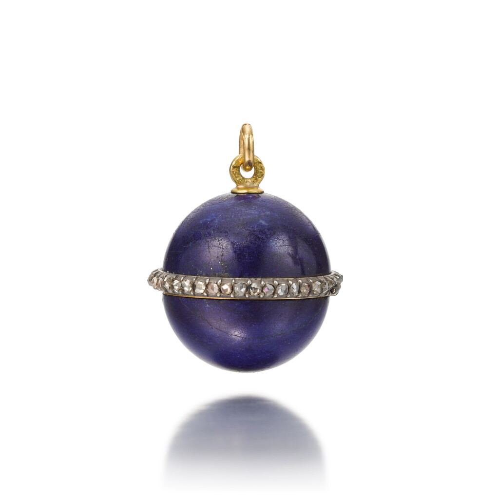 View full screen - View 1 of Lot 148. A Fabergé jewelled, two-colour gold and lapis lazuli egg pendant, probably St Petersburg, circa 1900 .