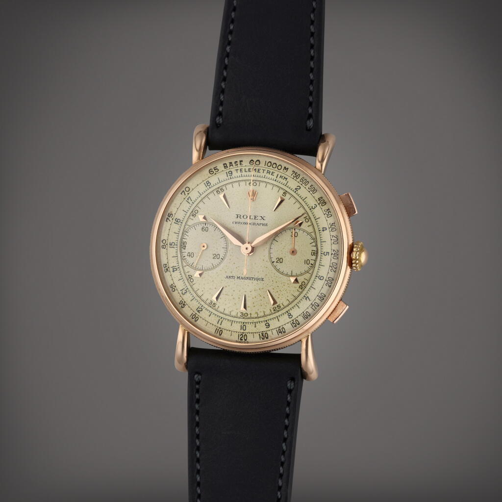 View full screen - View 1 of Lot 481. Reference 4062 ‘Chronographe Anti-Magnetique’ | A rare and early pink gold chronograph wristwatch, Circa 1942.