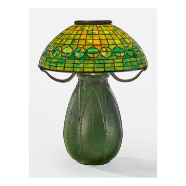 View full screen - View 1 of Lot 12. TIFFANY STUDIOS AND GRUEBY FAIENCE COMPANY | "VINE BORDER" TABLE LAMP.