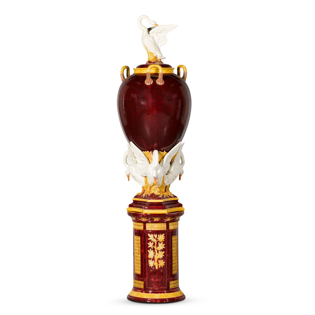 View full screen - View 1 of Lot 119. A Wedgwood majolica ovoid vase and cover and pedestal, 1885.