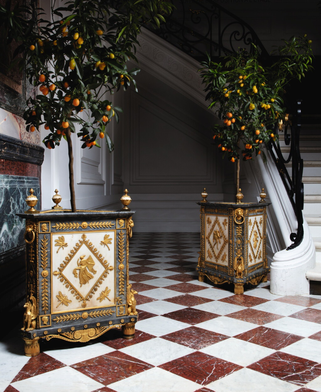 View full screen - View 1 of Lot 20. A PAIR OF WHITE AND BLEU TURQUIN MARBLE JARDINIÈRES, WITH MERCURY GILT-BRONZE MOUNTS, LATE LOUIS XVI, CIRCA 1790-1800, THE MOUNTS BY FORESTIER PROBABLY AFTER A DESIGN BY JEAN-DÉMOSTHÈNE DUGOURC, PURCHASED IN PARIS AND DELIVERED TO THE KING OF SPAIN, CHARLES IV IN 1802 | PAIRE DE CAISSES JARDINIÈRES EN MARBRES BLANC ET BLEU TURQUIN À MONTURE DE BRONZE DORÉ AU MERCURE DE LA FIN DE L'ÉPOQUE LOUIS XVI, VERS 1790-1800, LES BRONZES PAR FORESTIER PROBABLEMENT D’APRÈS UN DESSIN DE JEAN-DÉMOSTHÈNE DUGOURC, ACHETÉE À PARIS ET LIVRÉE POUR LE ROI D’ESPAGNE CHARLES IV EN 1802.