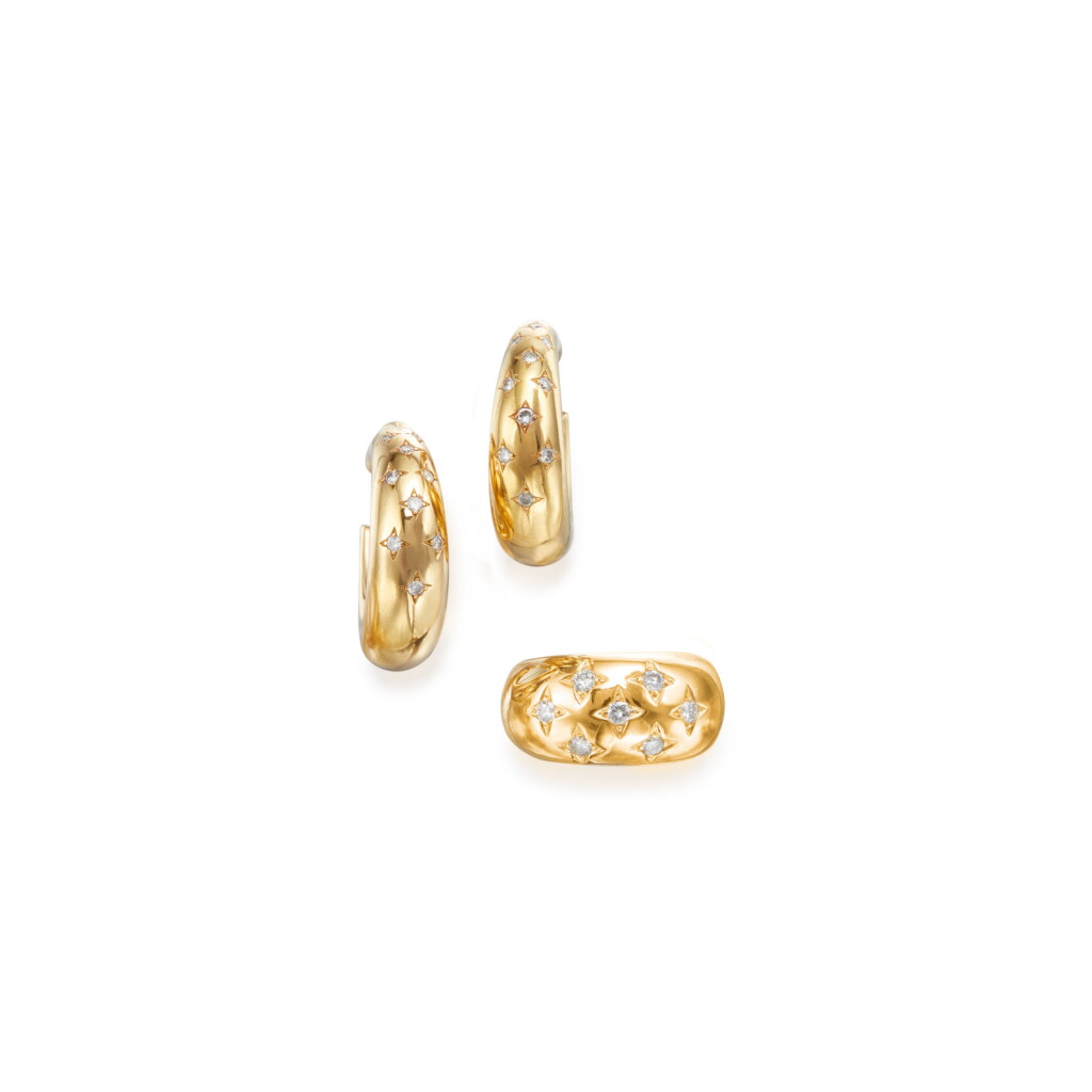 View full screen - View 1 of Lot 158. GOLD AND DIAMOND RING AND PAIR OF EARCLIPS, CHAUMET, PARIS.