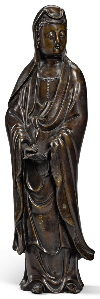 View full screen - View 1 of Lot 346. A SILVER-INLAID BRONZE FIGURE OF GUANYIN QING DYNASTY, 18TH CENTURY | 清十八世紀 銅錯銀觀音菩薩立像.