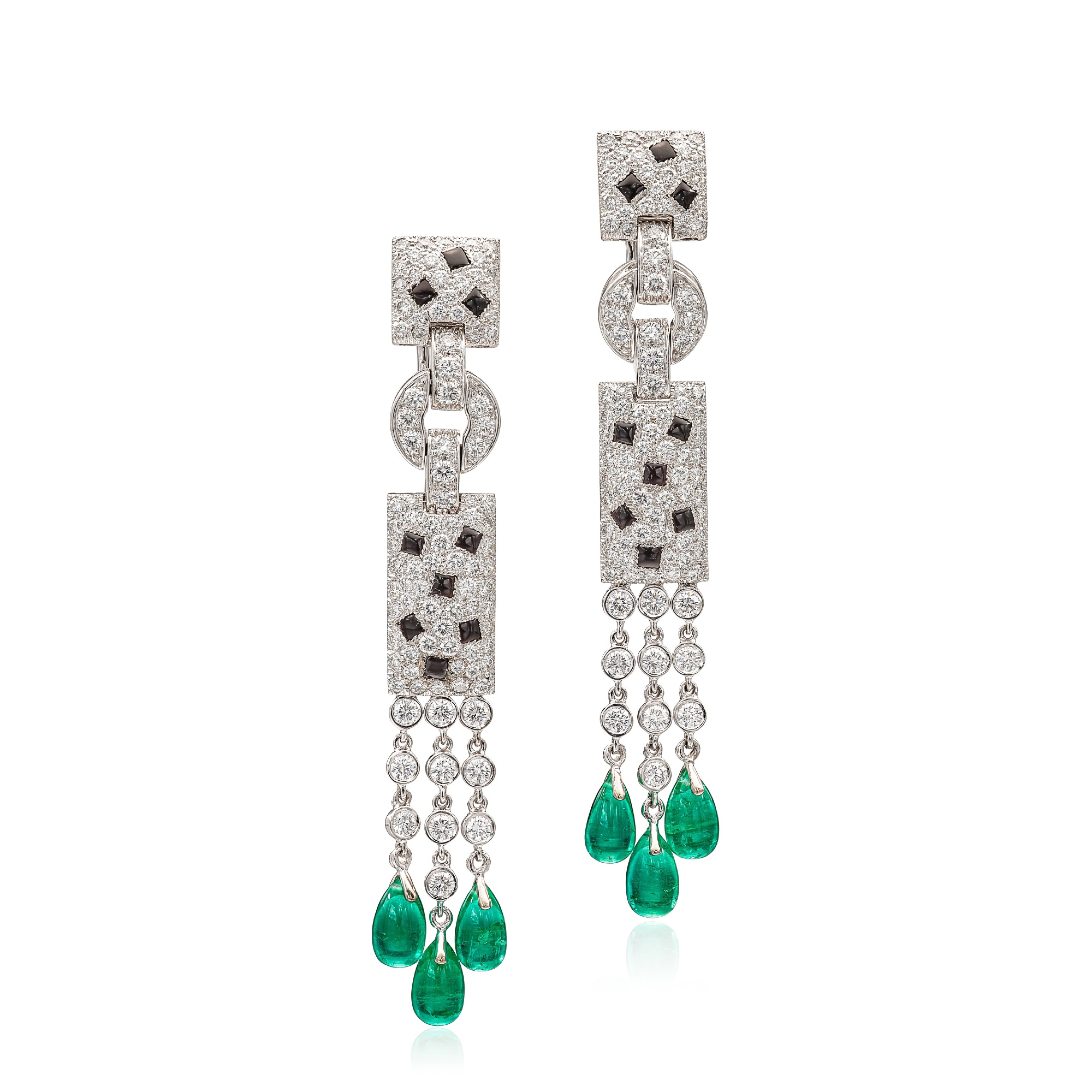 EMERALD ONYX ENAMEL AND DIAMOND PANTH RE EARRINGS emerald-onyx-enamel-and-diamond-panth-re-earrings