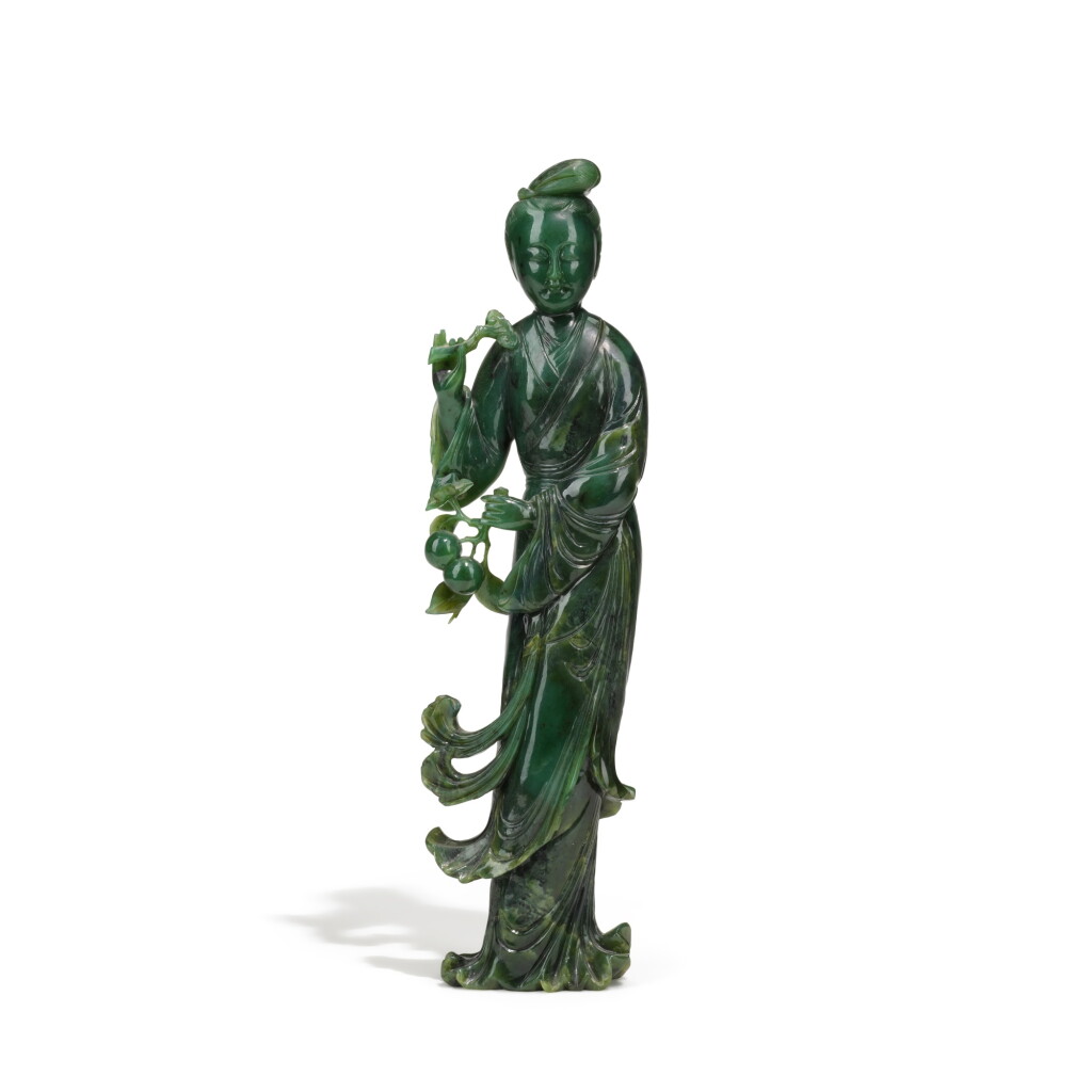 View full screen - View 1 of Lot 271. A spinach-green jade figure of a lady, 19th/20th century | 十九/二十世紀 碧玉仕女立像.