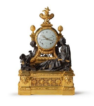 View full screen - View 1 of Lot 47. A patinated and gilt-bronze mantel clock, Louis XV, circa 1765, attributed to Jean-Joseph de Saint-Germain | Pendule en bronze doré et patiné d'époque Louis XV, vers 1765, attribuée à Jean-Joseph de Saint-Germain.