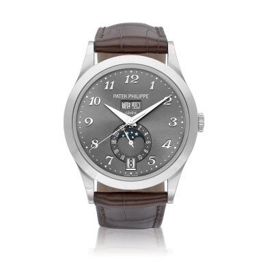 View full screen - View 1 of Lot 2243. Reference 5396 | A white gold annual calendar wristwatch with day, date, moon phases and 24 hours indication, Circa 2021 | 百達翡麗 | 型號5396 | 白金年曆腕錶,備日期、星期、月相及24小時顯示,約2021年製.