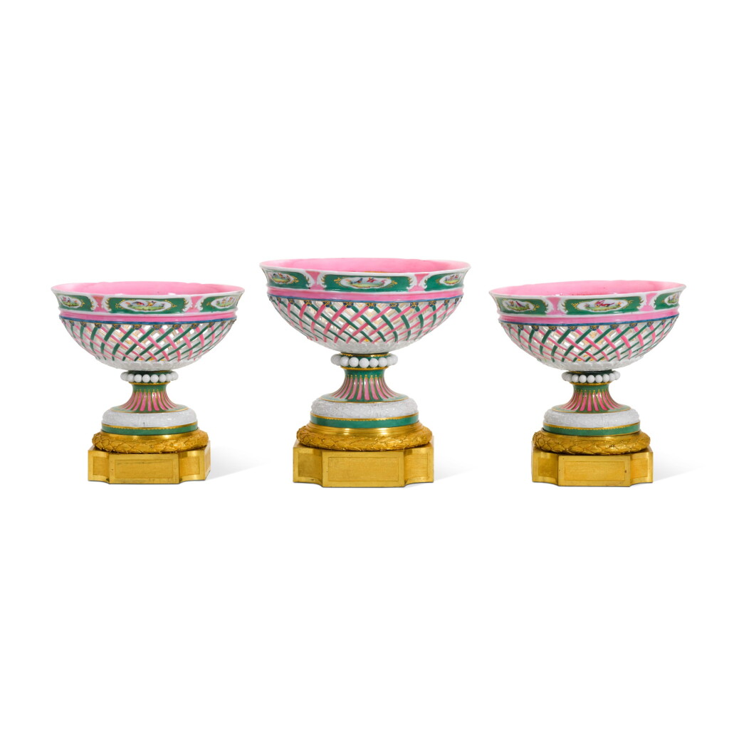 View full screen - View 1 of Lot 10. A three-piece gilt-bronze mounted Paris porcelain garniture, mid-19th century.
