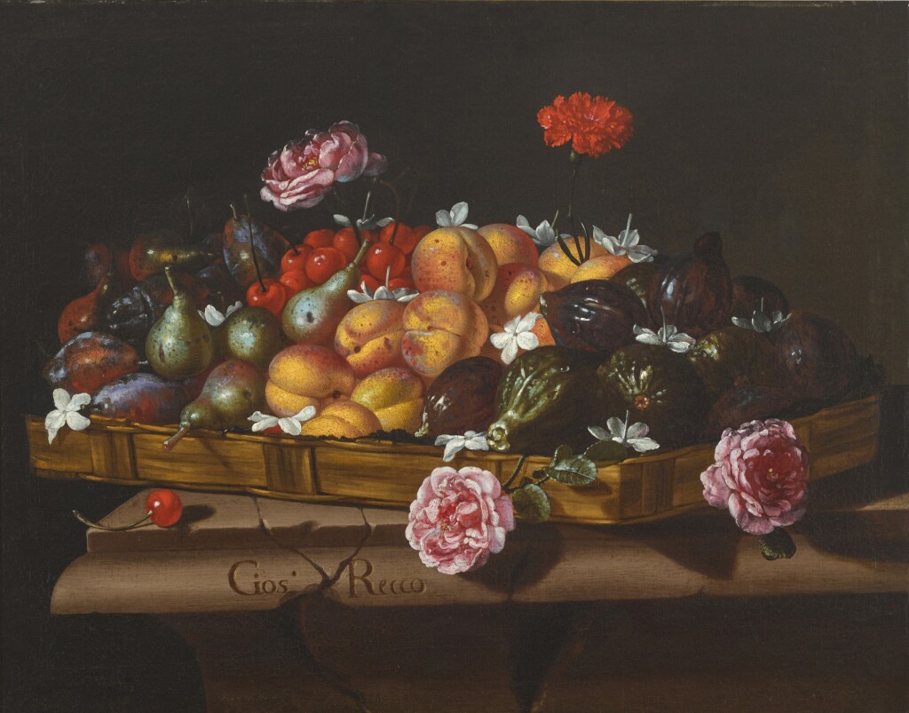 Giuseppe Recco — Still life of apricots, figs, pears, plums and cherries with roses, jasmine and a carnation in a wicker basket on a stone ledge