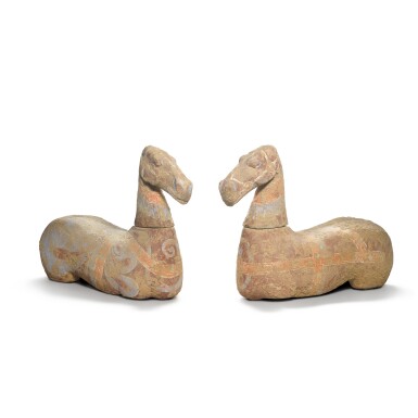 View full screen - View 1 of Lot 231. A pair of painted pottery horses, Han dynasty | 漢 彩繪陶馬一對.