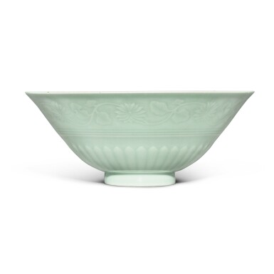 View full screen - View 1 of Lot 44. A rare celadon-glazed 'lotus' bowl, Mark and period of Yongzheng.