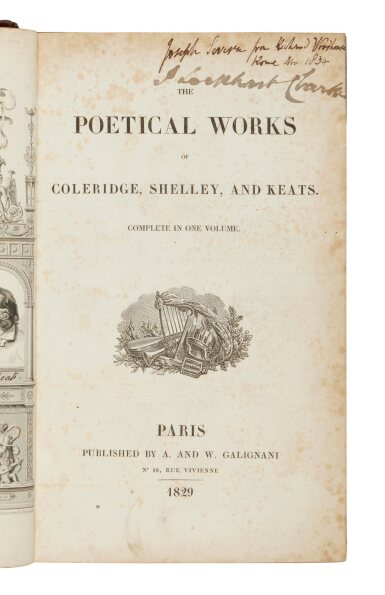 View full screen - View 1 of Lot 1025. Coleridge, Samuel Taylor, John Keats, and Percy Bysshe Shelley | An exceptional association copy of the first collected edition of Keats' works.