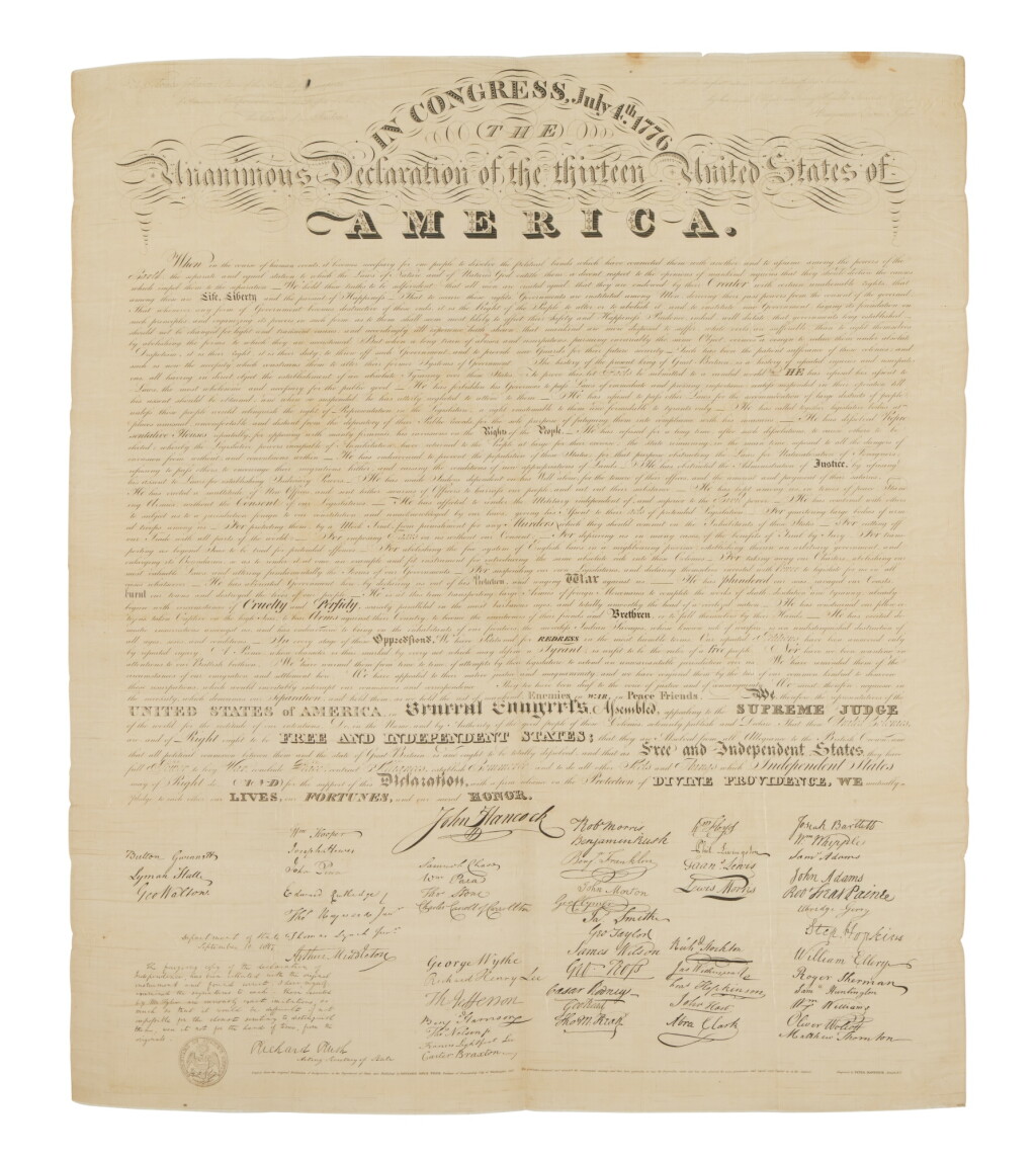View full screen - View 1 of Lot 1312. Declaration of Independence | A rare printing on silk of the first facsimile of the Declaration of Independence.