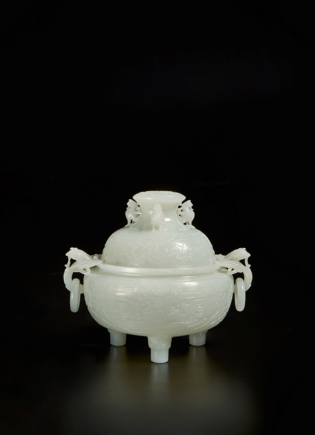 View full screen - View 1 of Lot 176. A white jade 'phoenix' loose-ring handled censer and cover, Qing dynasty, Qianlong period .