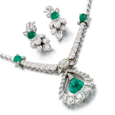 View full screen - View 1 of Lot 242. Emerald and diamond necklace and a pair of emerald and diamond ear clips.