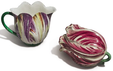 View full screen - View 1 of Lot 146. A LONGTON HALL TULIP-MOLDED CREAM JUG, CIRCA 1755, AND A THURINGIAN TULIP-FORM BOX AND COVER, LATE 18TH CENTURY.