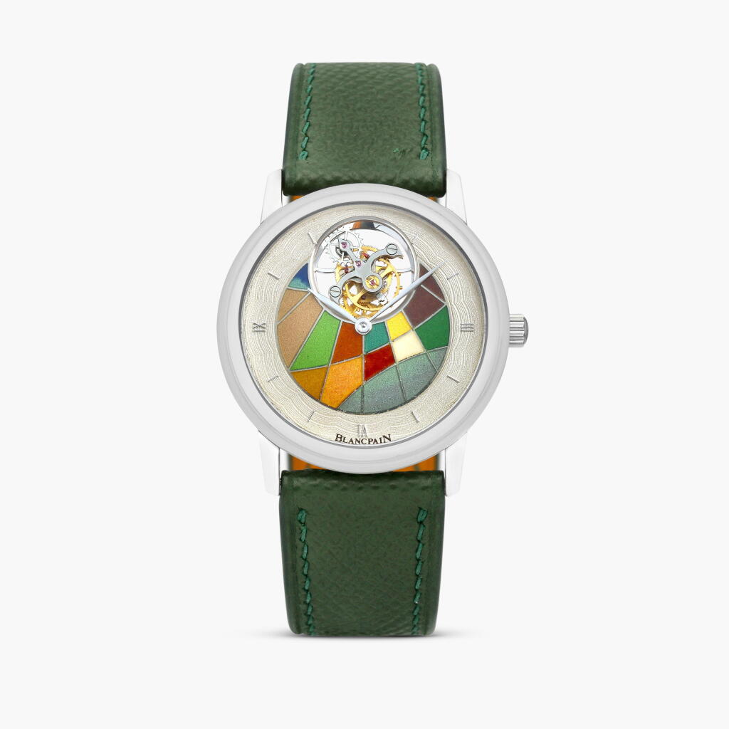 View full screen - View 1 of Lot 2280. Pièce Unique | A unique platinum tourbillon wristwatch with cloisonné enamel dial, Circa 1990.